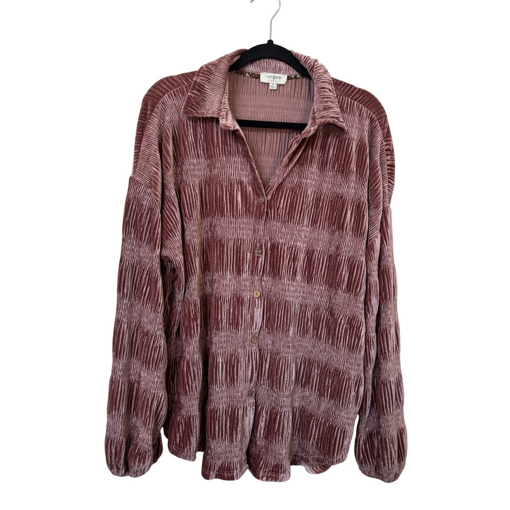 Umgee‎ Mauve Pleated Crinkle Velvet Button Down Shirt Oversized Boho Womens M